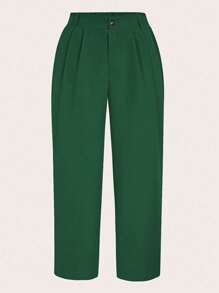 Calvaya Plus Size Women's Solid Color Pleated Straight Loose Casual Office Pants - Dark Green - View 1