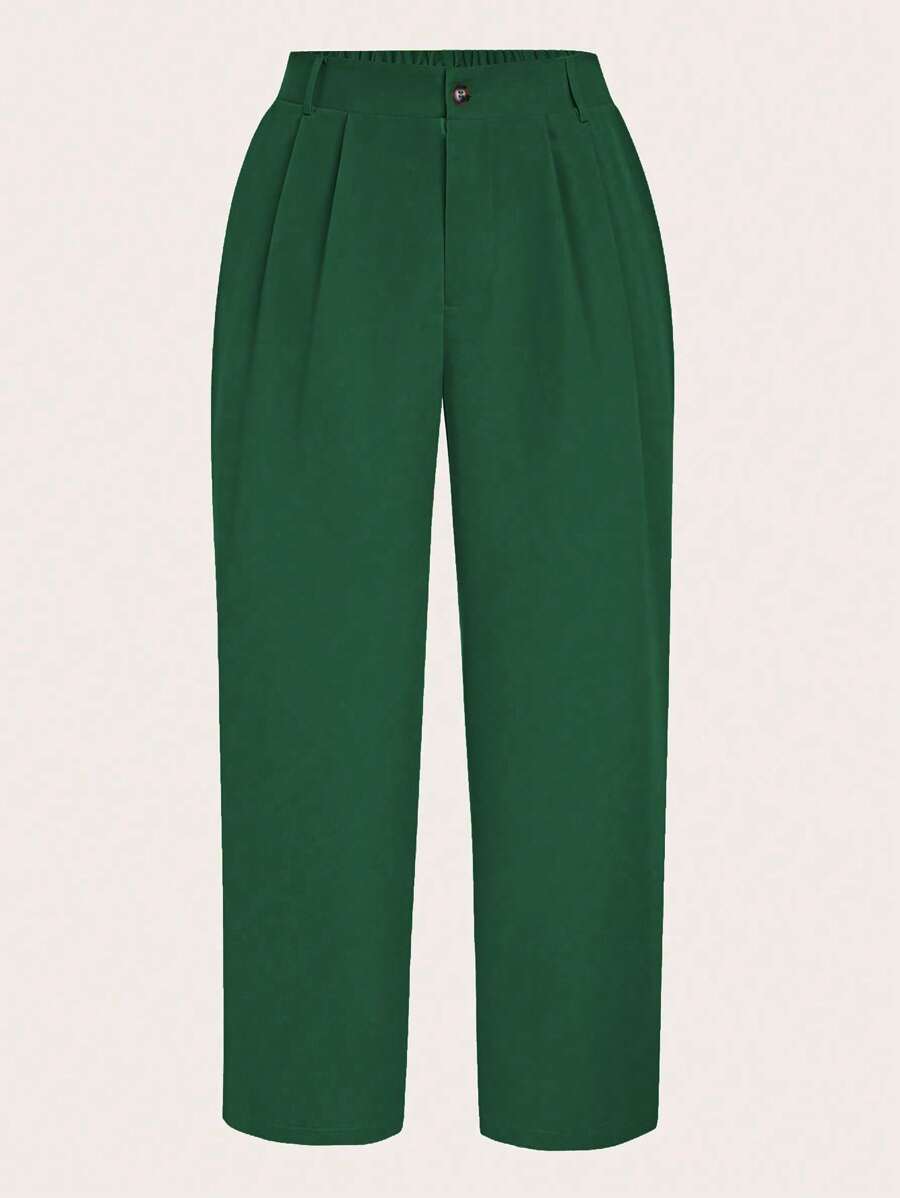 Calvaya Plus Size Women's Solid Color Pleated Straight Loose Casual Office Pants - Dark Green - View 1