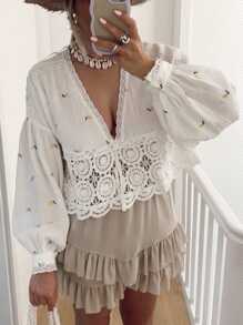 SHEIN Frenchy Women 100% Cotton Lace Blouses, Fall Blouses, Lemon Print, Embroidery, Winter Women Clothes, White Long Sleeve Blouses, Fall Women Outfits, Homecoming, Ladies' White Lace Long Sleeve Tie Waist Shirt Teacher Clothes Fall Women Clothes Vacation Flower Casual - White - View 3