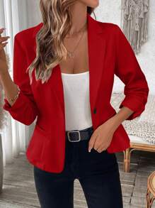 SHEIN LUNE Solid Color Pocketed Single-Button Cuff Hem Pleated Women Blazer For New Year Clothes - Red - View 5