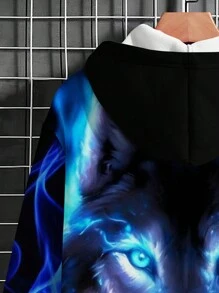 Tween Boy Cool Wolf Digital Printed Hooded Sweatshirt, Casual Street Style - Black - View 3