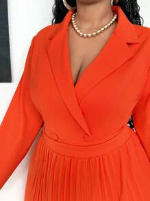 Maweii Plus Size Women's Solid Color Notched Collar Long Sleeve Blazer Jacket And Pleated Mini Skirt Elegant Suit - Orange - View 3