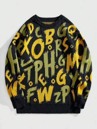 Street Life Pull col rond casual à manches longues avec texte anglais en jacquard, pour le port quotidien pour hommes