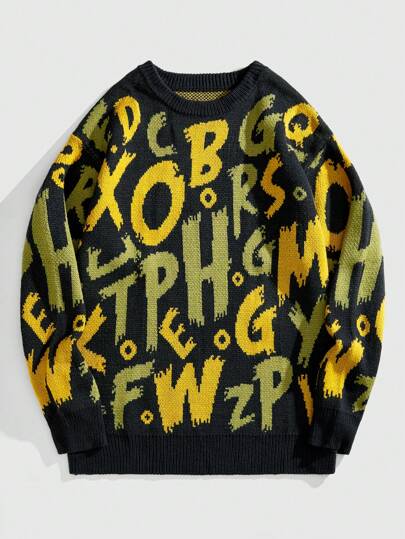 Street Life Sudadera casual de cuello redondo de manga larga con texto en inglés tejida a jacquard para hombre, para uso diario