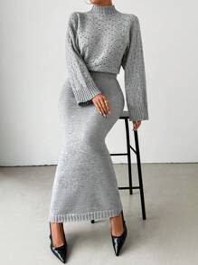 SHEIN LUNE 长袖休闲优雅女士针织长裙 - 灰色 - 查看 4