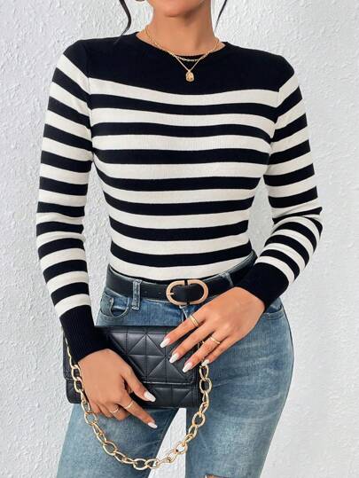 SHEIN Frenchy Women Casual Contrast Stripe Pattern Fitted Knit Sweater, Spring & Autumn,Long Sleeve Tops Winter