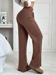 SHEIN EZwear Ladies Solid Color Waist Tie Chunky Knit Sweater And Wide Leg Pants Set In Fall/Winter - Brown - View 2