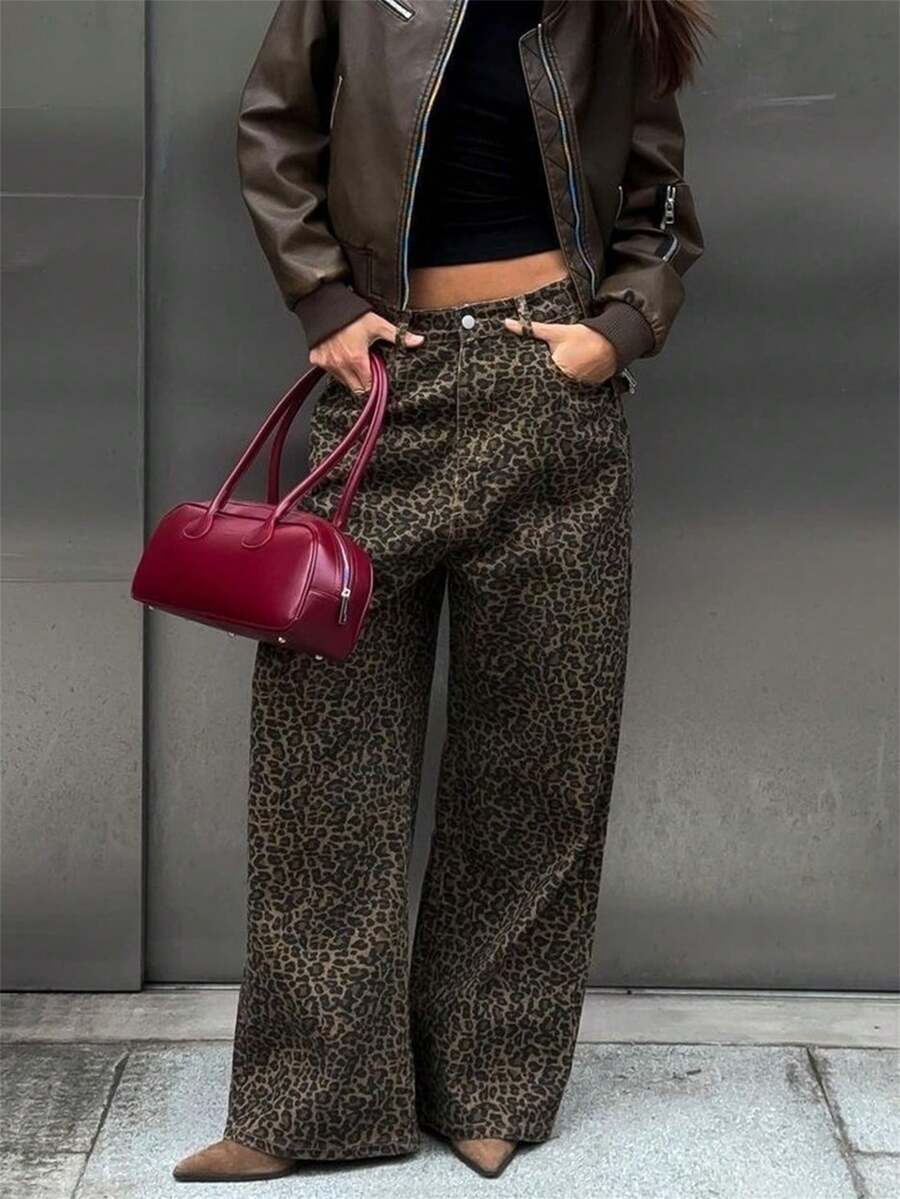 女士美式高街风格个性化豹纹直筒工装裤 - 咖啡棕 - 查看 1