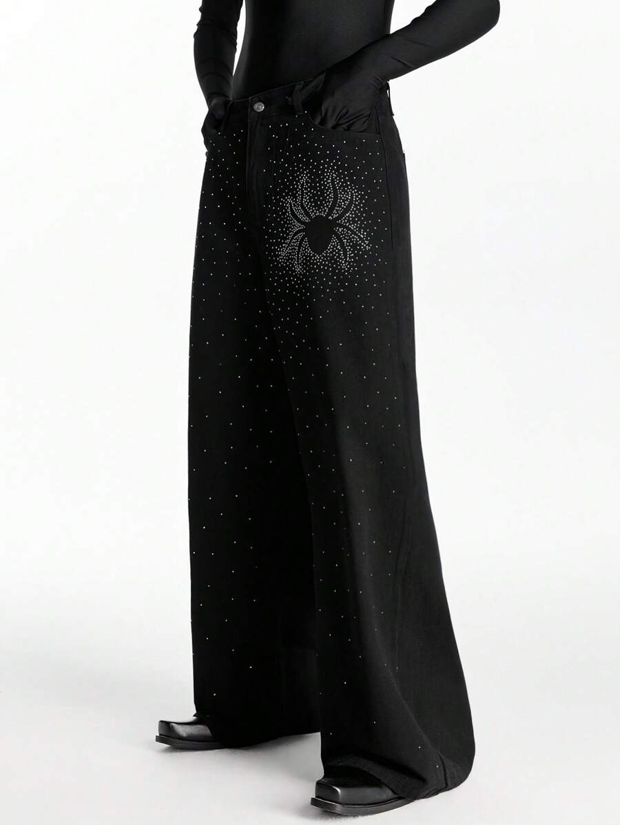 NEON BLANC Halloween Men's Streetwear Spider Print Rhinestoned Jeans, Style Plain Wide Leg Black Washed Jeans, For Husband, Boyfriend Gifts - Black - View 1
