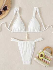 SHEIN Swim Conjunto de bikini de camiseta y tanga de unicolor sexy con textura hueca para el verano - Blanco - Ver 1