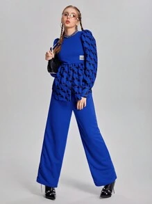 SHEIN 2 件套青少年女孩字母和几何印花长袖上衣和裤子休闲装，春/秋 - 藍色 - 查看 7