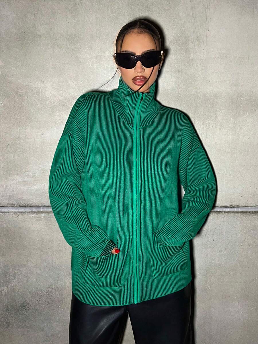 SHEIN ICON Oversized Metal Zipper Front Knitted Cardigan With Pockets, Contrast Color - Green - View 1