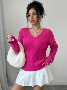 Chiquease 女士休闲纯色落肩宽松菱形针织毛衣 - 玫紅色 - 查看 3