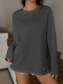 SHEIN EZwear 夏季纯色蝴蝶结装饰短款修身 T 恤 - 灰色 - 查看 3