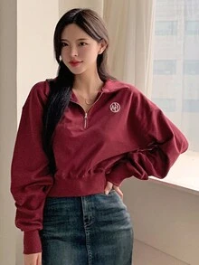 DAZY 女式翻领半拉链短款刺绣字母卫衣，秋装 - 酒紅色 - 查看 8