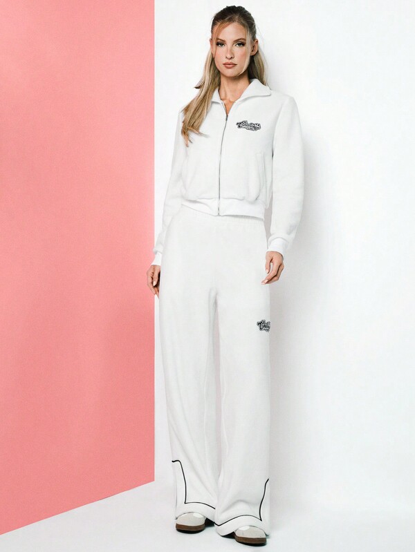 VARSITIE Pantaloni de sport pentru femei cu talie înaltă, catifea largi, cu margini contrastante alb-negru