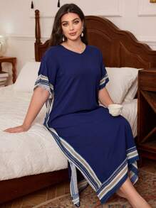 Plus Size Vacation Style Loose V-Neck Geometric Print Chiffon Dress - Navy Blue - View 6