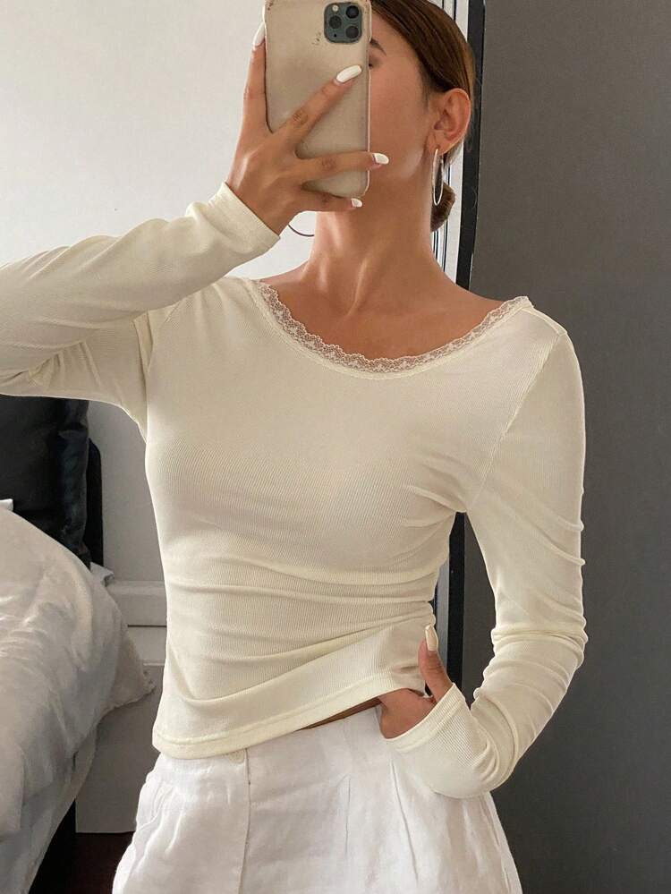 Elegant Solid Color Lace Trim Backless Form-Fitting Women T-Shirt, Autumn,Long Sleeve Women Tops,Fall Women Clothes