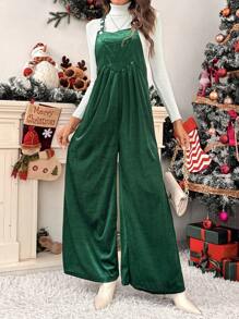 SHEIN LUNE Casual Velvet Wide Leg Jumpsuit, Christmas