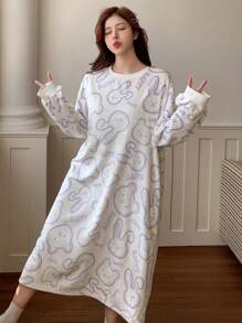 DAZY Cute Animal Print Flannel Oversized Nightgown - Beige - View 1