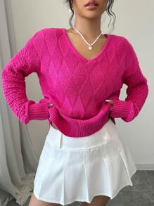 Chiquease 女士休闲纯色落肩宽松菱形针织毛衣 - 玫紅色 - 查看 7
