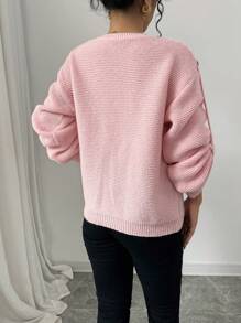 SHEIN Unity Women's Casual V-Neck Loose Drop Shoulder Long Sleeve Sweater, Autumn/Winter, Knit Pullover Fall - Pink - View 2