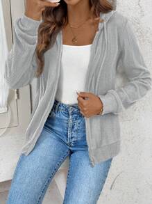 SHEIN LUNE Women Asymmetrical Distressed Ribbed Zip-Up Hooded Sweatshirt, For Spring-Summer-Fall-Winter - Grey - View 6