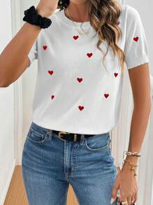 SHEIN Frenchy Áo len dệt kim tay ngắn họa tiết trái tim thường ngày cho nữ, mùa hè - trắng - Xem 4