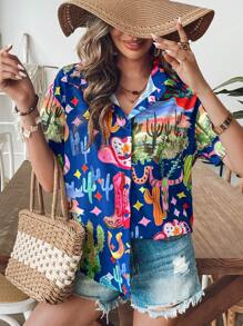 SHEIN VCAY Blusa de verano suelta y casual con estampado, de tejido para mujer de vacaciones - Multicolor - Ver 4