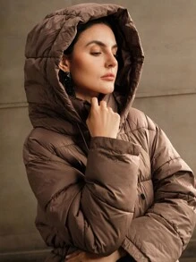 Anewsta Áo khoác có mũ trùm đầu màu trơn giản dị mùa đông cho nữ có dây rút ở eo - Cà phê nâu - Xem 5