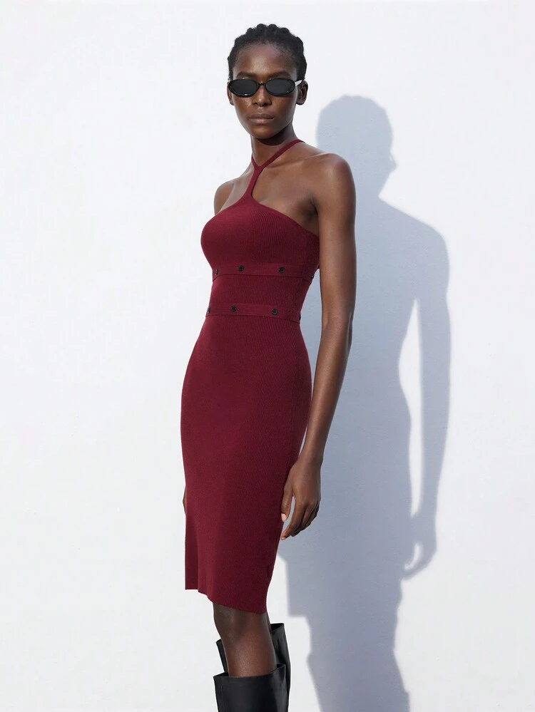 SHEIN Maija Women's Autumn Knitted Wine Red Solid Turtleneck Fitted Elegant Sweater Dress