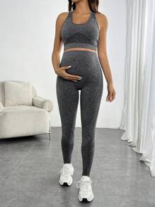 SHEIN Maternity Marled Print Racerback Crop Tank Top & High Waist Leggings Active Set - Grey - View 5