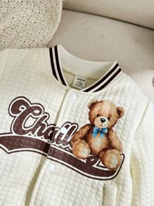 Baby Boys Textured Plaid Retro Teddy Bear Print Jacket, Suitable For Autumn/Winter Outings - Apricot - View 4