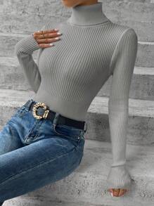 SHEIN Essnce 纯色高领长袖简约毛衣，休闲日常穿着 - 淺灰色 - 查看 1