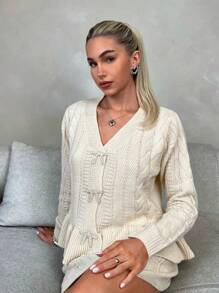 Chiquease 2pcs Women's Solid Color Bow Decor Long Sleeve Ruffle Cardigan And Knitted Midi Skirt Casual Set, Fall/Winter
