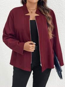 Calvaya Plus Size Simple Notched Neck Solid Color Casual Fall Jacket - Red - View 4