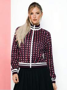 VARSITIE Chaquetas deportivas de mujer de estilo retro con cuello alto, mangas largas e impresión a cuadros