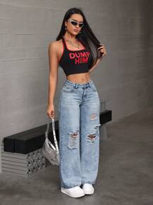SHEIN EZwear 女士纯色做旧口袋宽松牛仔裤 - 淺色水洗藍 - 查看 6