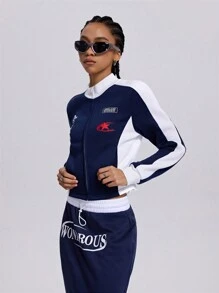 SHEIN EZwear 秋冬休闲撞色夹克 - 藏蓝色 - 查看 4