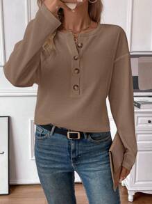 SHEIN LUNE 女式纽扣式华夫格针织长袖 T 恤，秋季 - 卡其色 - 查看 7