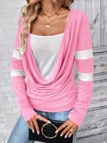 SHEIN LUNE Women Casual Color Block Drawstring Side T-Shirt, Autumn Graphic Tees Women Tops