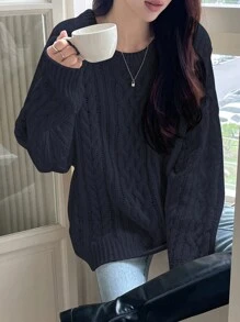 DAZY 宽松针织圆领套头衫，休闲通勤风格，秋季服装 - 藏蓝色 - 查看 4