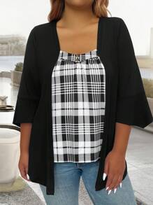 Áo thun kẻ caro thường ngày 2 trong 1 cỡ lớn, mùa thu - màu đen - Xem 1