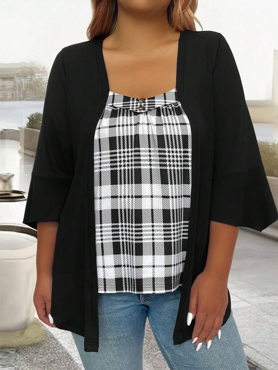 Áo thun kẻ caro thường ngày 2 trong 1 cỡ lớn, mùa thu - màu đen - Xem 1