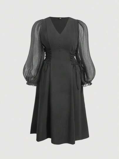 SHEIN MOD 大码灯笼袖腰带甜美浪漫修身连衣裙