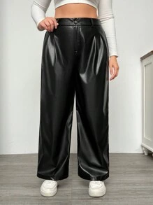 SHEIN EZwear Pantalones rectos sueltos de unicolor informal de talla grande, otoño - Negro - Ver 3