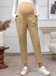SHEIN 孕妇休闲纯色高腰锥形裤，秋季 - 卡其色 - 查看 4