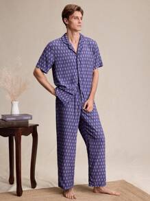 EverLounge 2 Stücke Herren Loungewear Set mit Blumenmuster, bestehend aus Hemd mit Kragen und Hose - Violett - Übersicht 5