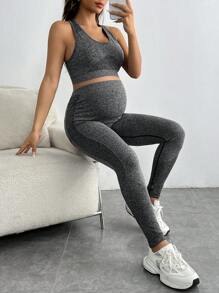 SHEIN Maternity Marled Print Racerback Crop Tank Top & High Waist Leggings Active Set - Grey - View 3