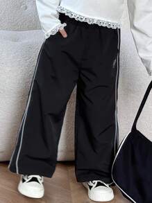 Dazy Kids 年轻女孩侧条纹印花休闲裤带口袋 - 黑色 - 查看 6